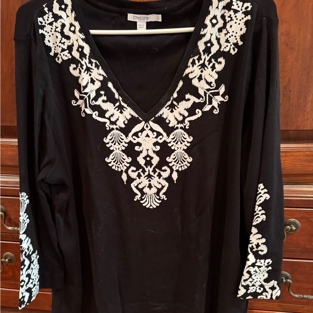 Chico's Elegant Black Top with White Embroidery